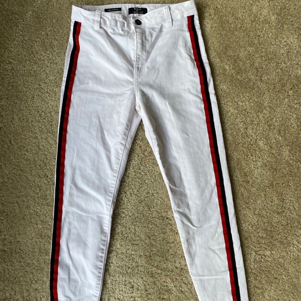 White Skinny Jeans with Black and Red Racer Stripe